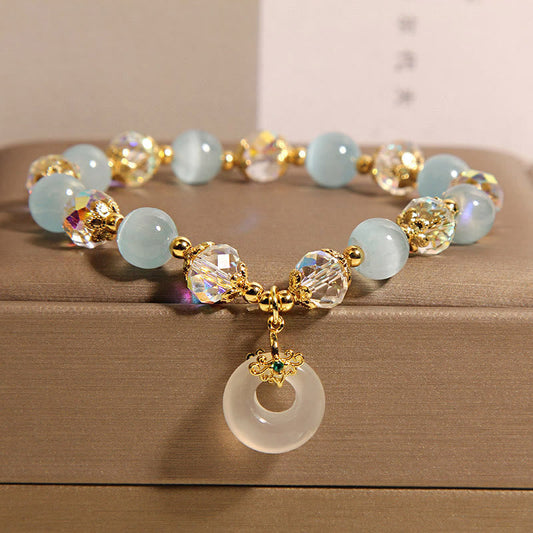 Buddhist Blessing Blue Cat's Eye White Crystal Peace Buckle Meaning Balance Bracelet