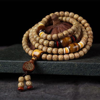 Buddhist Blessing 108 Mala Beads Bodhi Seed Tiger's Eye Fu Character Peace Bracelet