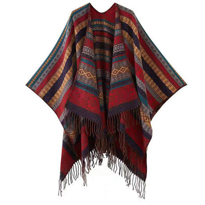 Buddhist Blessing Tibetan Geometric Horizontal Stripe Flower Leaf Tassels Shawl Fall Winter Cozy Scarf Wrap