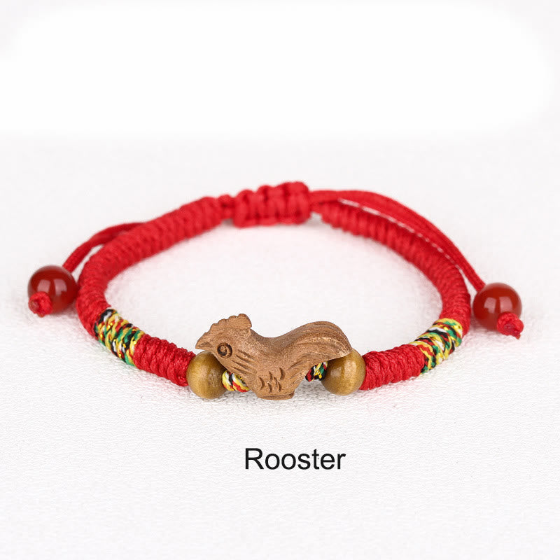 Buddhist Blessing Handmade Chinese Zodiac Red String Peach Wood Luck Bracelet