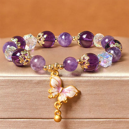 Buddhist Blessing Natural Amethyst Sun Stone Butterfly Peace Bracelet
