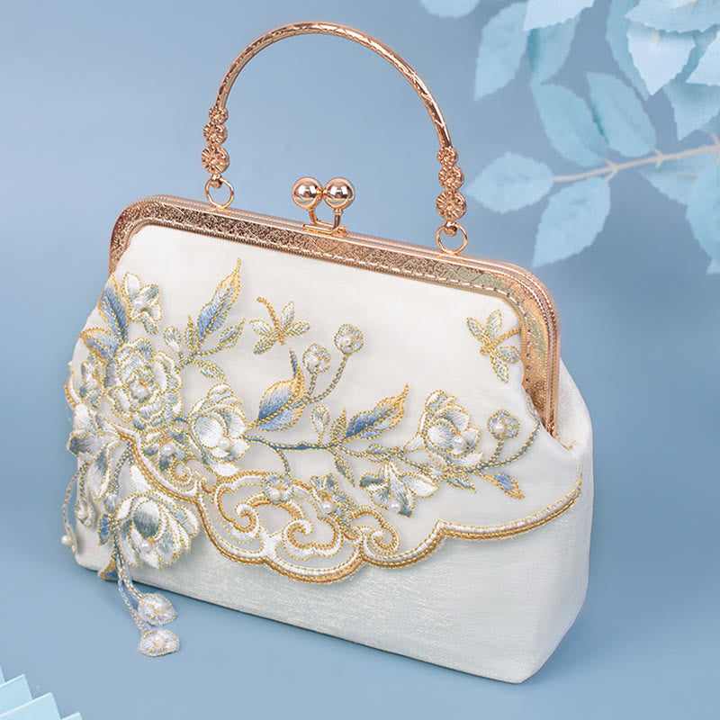 Buddhist Blessing Jasmine Flowers Embroidery Pearl Chain Crossbody Bag Handbags