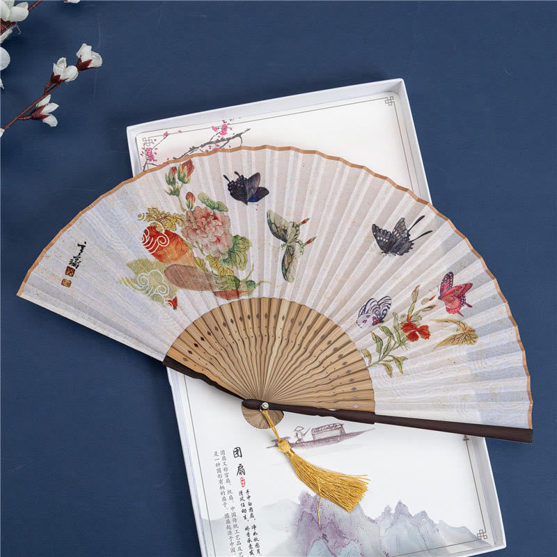 Buddhist Blessing Butterfly Orchid Cat Handheld Cotton Linen Bamboo Folding Fan 22cm