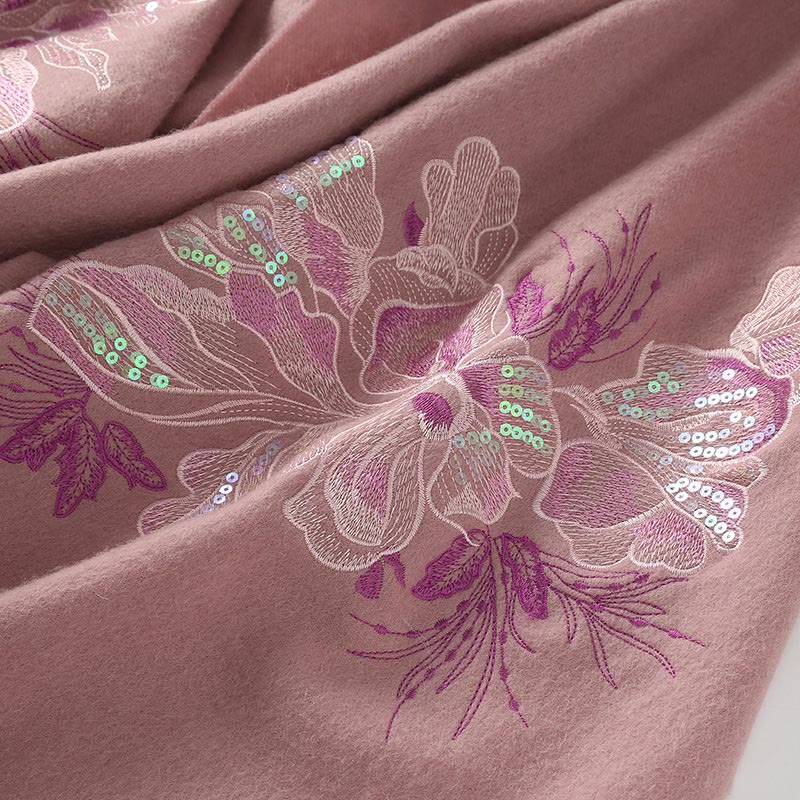 Buddhist Blessing Wool Shawl Flower Sequin Embroidery Tassel Winter Cozy Travel Scarf Wrap