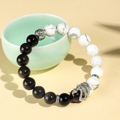 Buddhist Blessing Natural Silver Sheen Obsidian White Turquoise Grey Jasper Snowflake Obsidian Year Of The Snake Protection Bracelet
