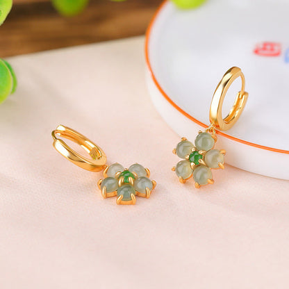 Buddhist Blessing 925 Sterling Silver Plated Gold Green Jade Flower Design Luck Prosperity Earrings