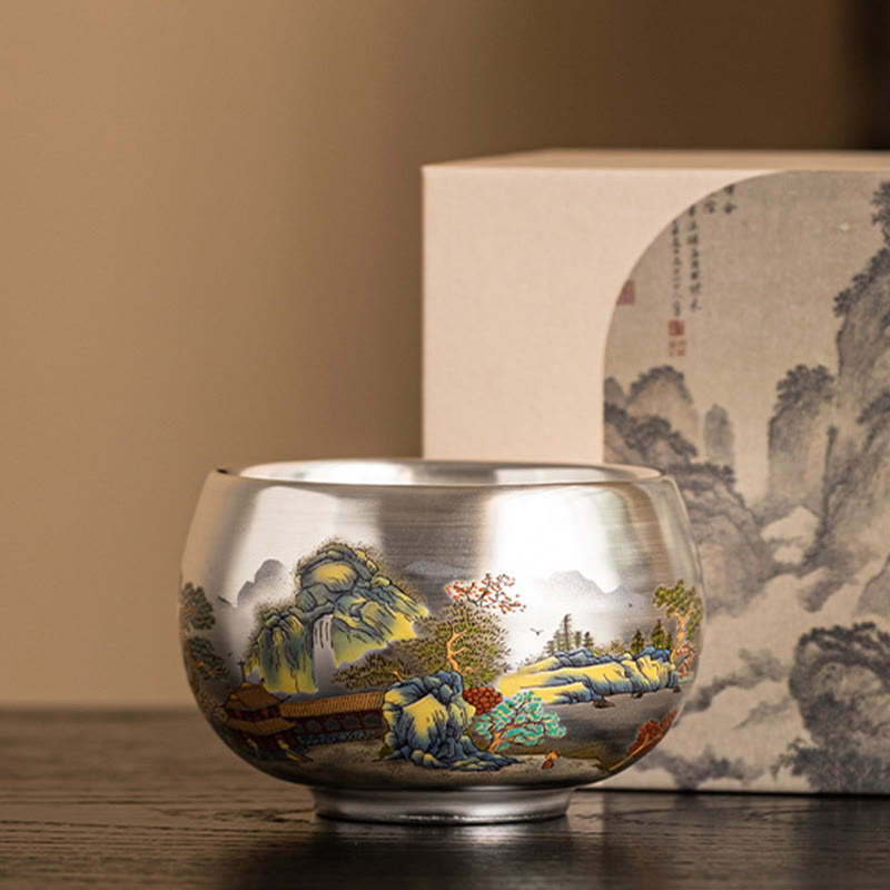 Buddhist Blessing Fish Lotus Seaweed Valley Mountains Pine Tree Dragon Teacup Kung Fu Tea Cup With Gift Box