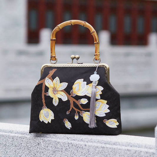 Buddhist Blessing Plum Blossom Embroidery Bamboo Handle Handbag Crossbody Bag