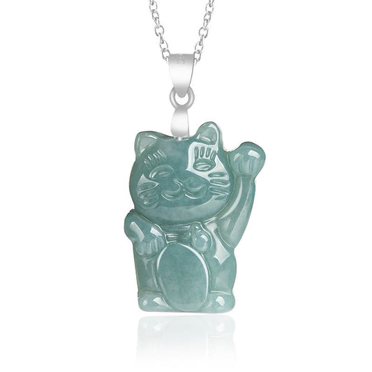 Buddhist Blessing 925 Sterling Silver Natural Jade Lucky Cat Abundance Necklace Pendant