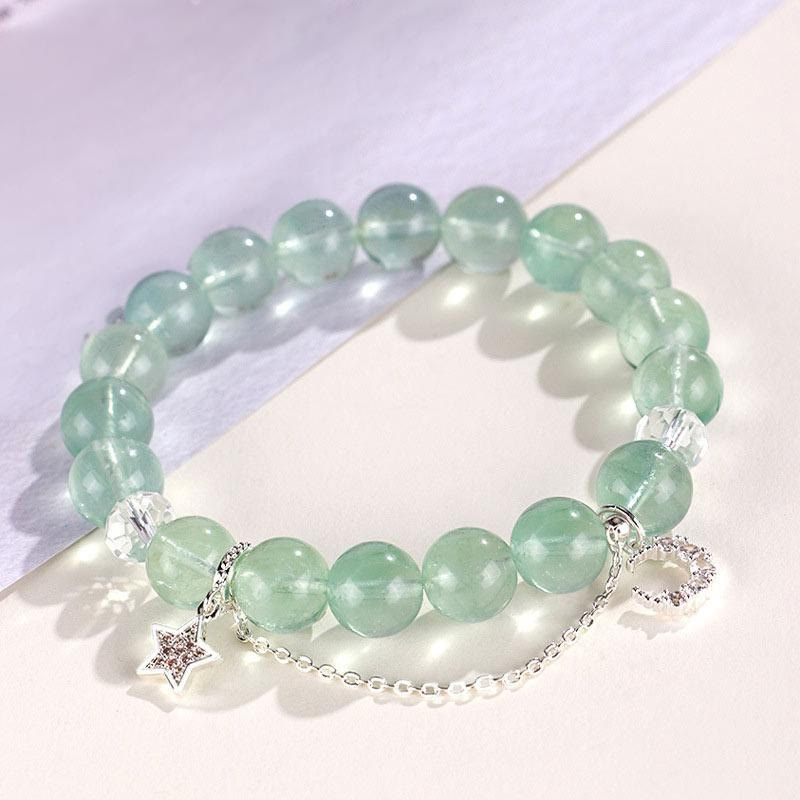 Buddhist Blessing Green Fluorite Beads Moon Star Peace Bracelet