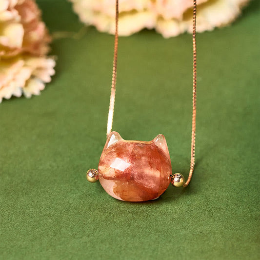 Buddhist Blessing 925 Sterling Silver Cat Head Natural Red Flower Quartz Protection Necklace Pendant