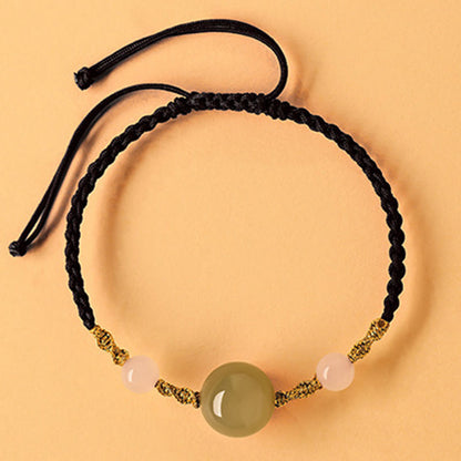 Buddhist Blessing Hetian Jade Black Onyx Red Agate Bead Luck Braided Bracelet