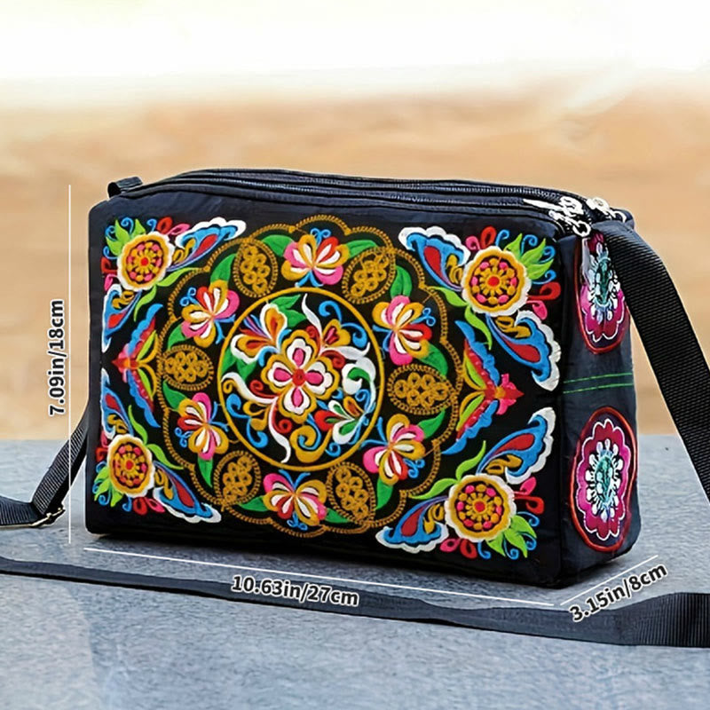 Buddhist Blessing Galsang Inula Flower Peony Peacock Double-Sided Embroidery Canvas Shopping Purse Handbag Crossbody Bag