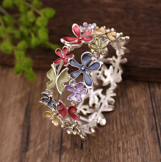 Buddhist Blessing Colorful Butterfly Flowers Love Alloy Elastic Bracelet Bangle
