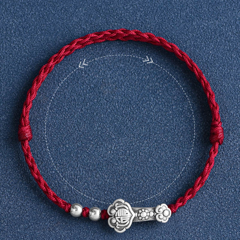 Buddhist Blessing Handmade 999 Sterling Silver Fu Character Wish Ruyi Handle Fortune Rope Bracelet Anklet
