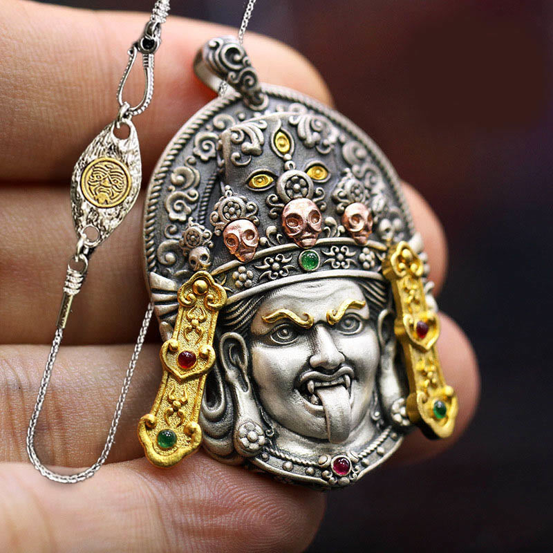 Buddhist Blessing 925 Sterling Silver Tibetan Zakiram Goddess of Wealth Keep Away Evil Spirits Necklace Pendant