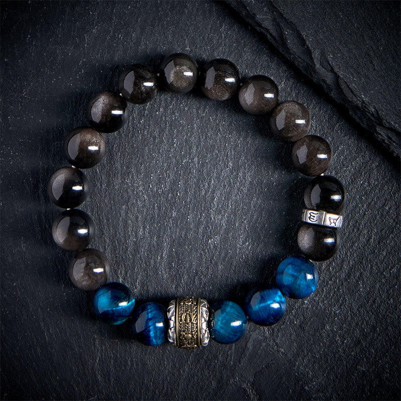 Buddhist Blessing Natural Silver Sheen Obsidian Blue Tiger Eye Om Mani Padme Hum Communication Bracelet