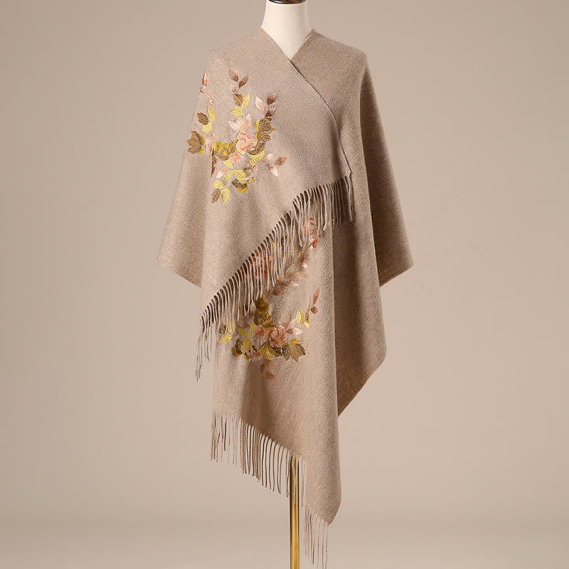 Buddhist Blessing Wool Shawl White Pink Flowers Golden Leaves Embroidery Tassel Winter Cozy Travel Scarf Wrap