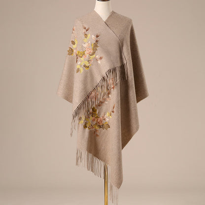 Buddhist Blessing Wool Shawl White Pink Flowers Golden Leaves Embroidery Tassel Winter Cozy Travel Scarf Wrap