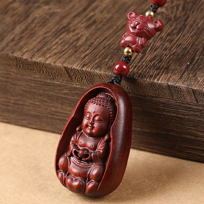 Buddhist Blessing Small Leaf Red Sandalwood Buddha Cinnabar Chinese Zodiac Amulet Protection Key Chain