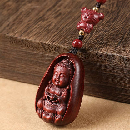 Buddhist Blessing Small Leaf Red Sandalwood Buddha Cinnabar Chinese Zodiac Amulet Protection Key Chain