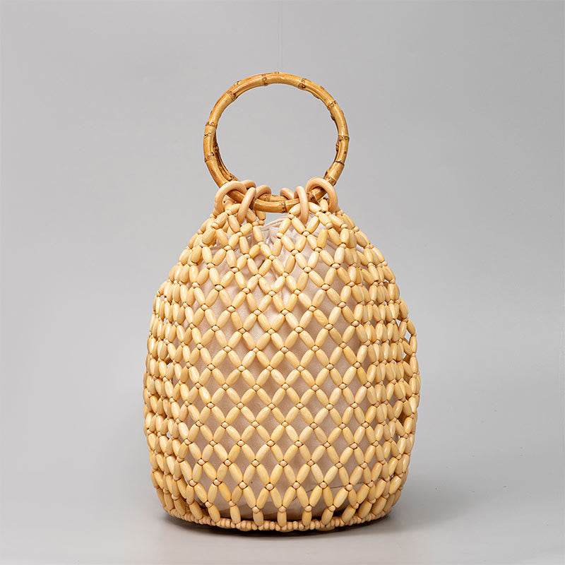 Buddhist Blessing Hand-woven Wooden Beads Bamboo Handle Shoulder Bag Handbag