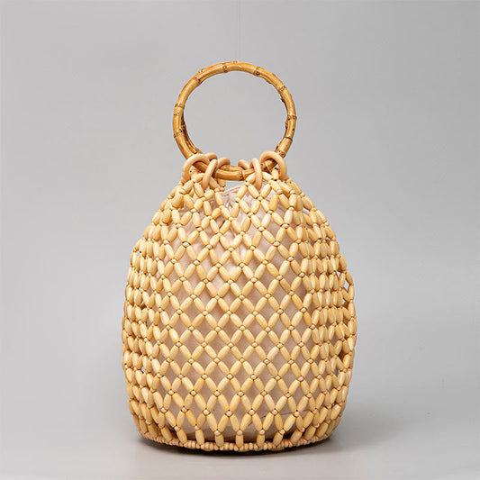 Buddhist Blessing Hand-woven Wooden Beads Bamboo Handle Shoulder Bag Handbag