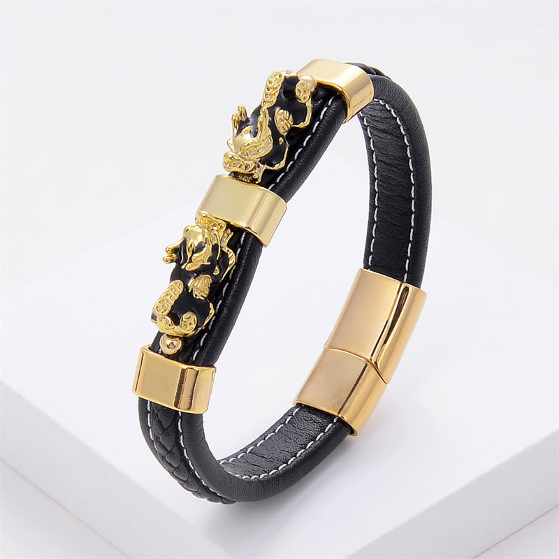 Buddhist Blessing Double PiXiu Wealth Luck Leather Magnetic Buckle Bracelet