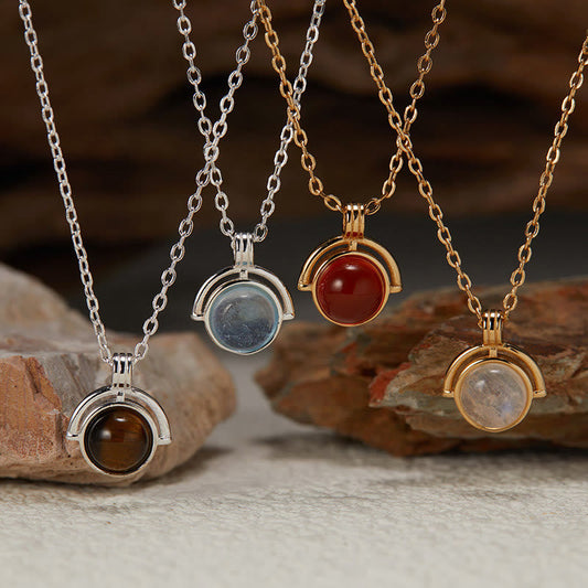 Buddhist Blessing Red Agate Tiger Eye Aquamarine Moonstone 925 Sterling Silver Confidence Necklace Pendant