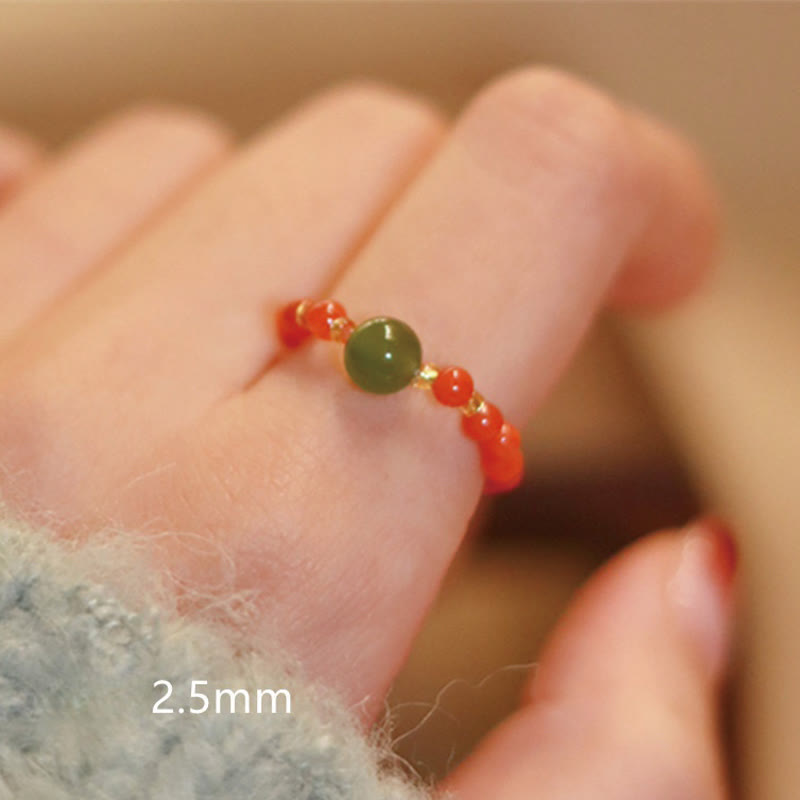Buddhist Blessing 925 Sterling Silver Natural Small Hetian Jade Red Agate Pearl Bead Prosperity Elastic Ring