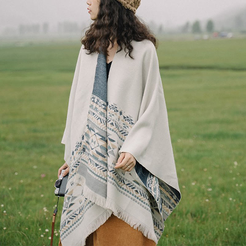 Buddhist Blessing Tibetan Beige Geometric Pattern Tassels Shawl Fall Winter Warm Scarf Wrap