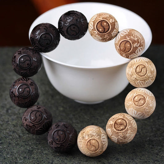 Buddhist Blessing Ebony Wood Camphor Wood Yin Yang Ox Engraved Peace Bracelet