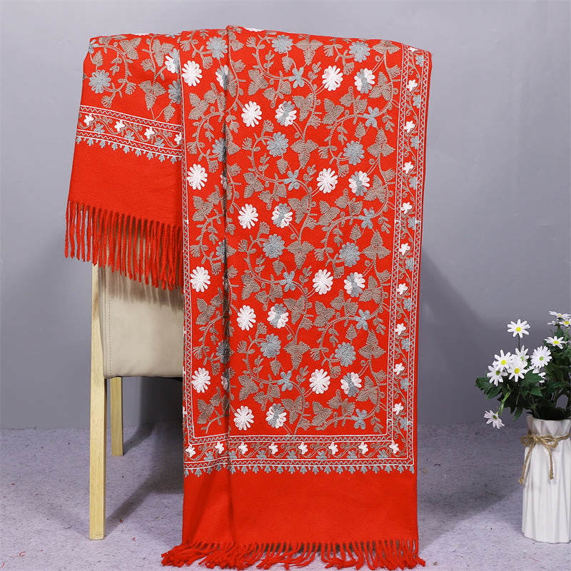 Buddhist Blessing Polyester Shawl Cashew Flowers Embroidery Tassel Winter Cozy Travel Scarf Wrap