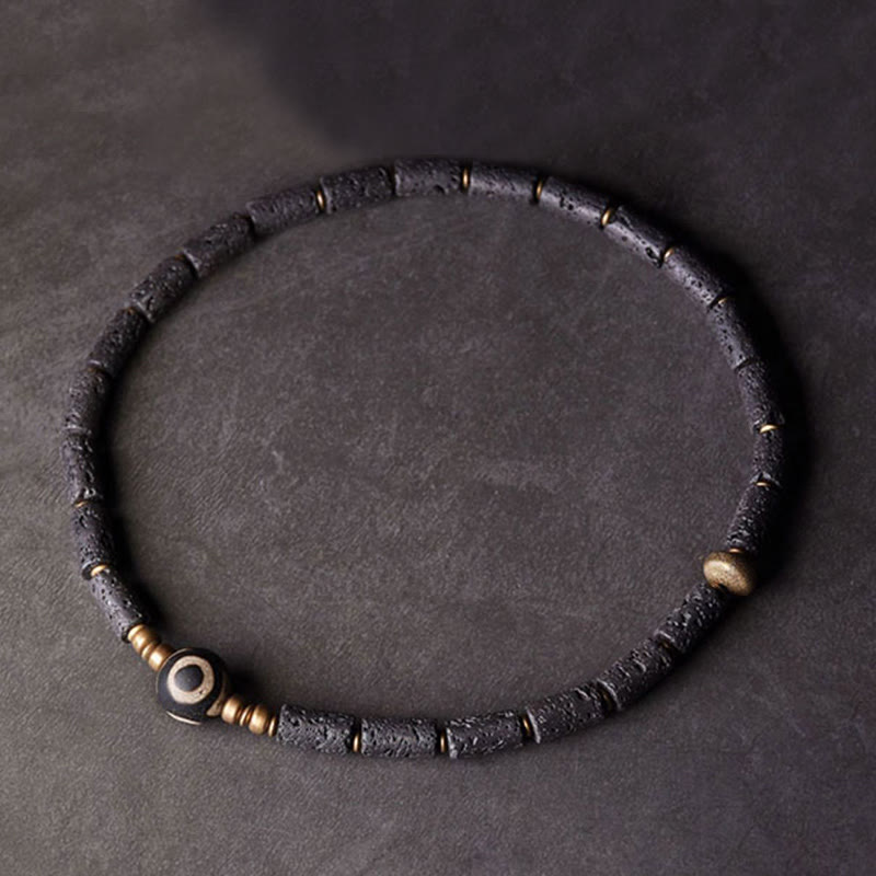 Buddhist Blessing Vintage Lava Rock Three-eyed Dzi Bead Copper Brass Multi-turn Wrap Calm Bracelet