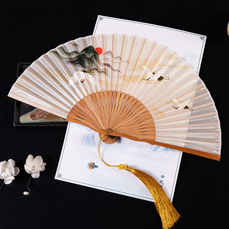 Buddhist Blessing Cranes Auspicious Clouds Solid Color Gradient Handheld Cotton Linen Fabric Bamboo Folding Fan