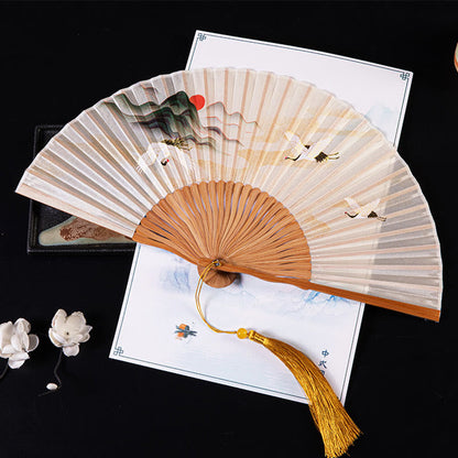 Buddhist Blessing Cranes Auspicious Clouds Solid Color Gradient Handheld Cotton Linen Fabric Bamboo Folding Fan