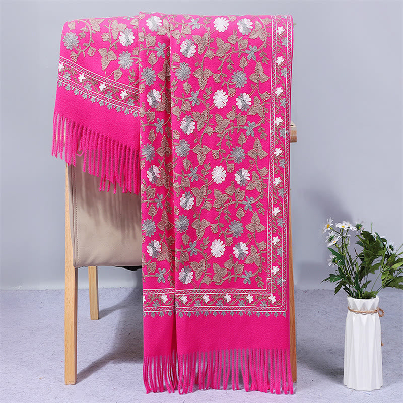 Buddhist Blessing Polyester Shawl Cashew Flowers Embroidery Tassel Winter Cozy Travel Scarf Wrap
