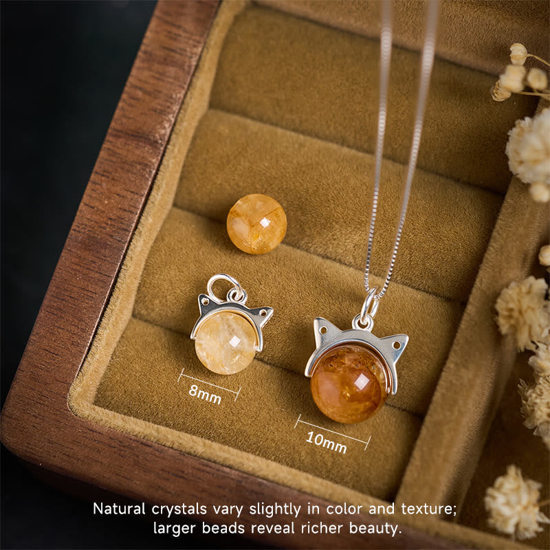 Buddhist Blessing 925 Sterling Silver Natural Inclusion Quartz Yellow Flower Quartz Cat Wealth Necklace Pendant