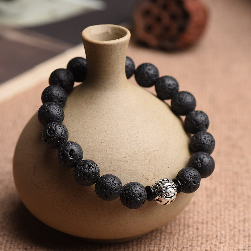 Buddhist Blessing Lava Rock Beads White Copper PiXiu Wealth Bracelet