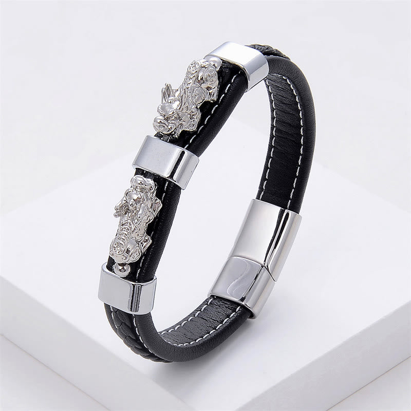 Buddhist Blessing Double PiXiu Wealth Luck Leather Magnetic Buckle Bracelet