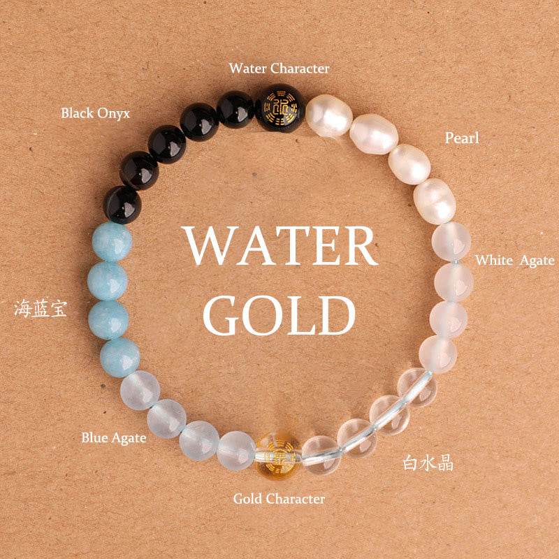 Buddhist Blessing Five Elements Various Agate Crystal Black Onyx Green Chalcedony Aquamarine Wisdom Bracelet