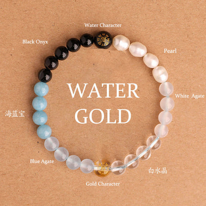 Buddhist Blessing Five Elements Various Agate Crystal Black Onyx Green Chalcedony Aquamarine Wisdom Bracelet