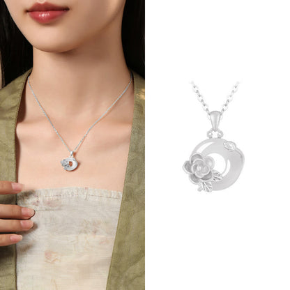 Buddhist Blessing Chalcedony 925 Sterling Silver Peace Buckle Flowers Necklace Pendant