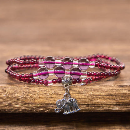 Buddhist Blessing Natural Garnet Elephant Abacus Lucky Bag PiXiu Protection Triple Wrap Bracelet