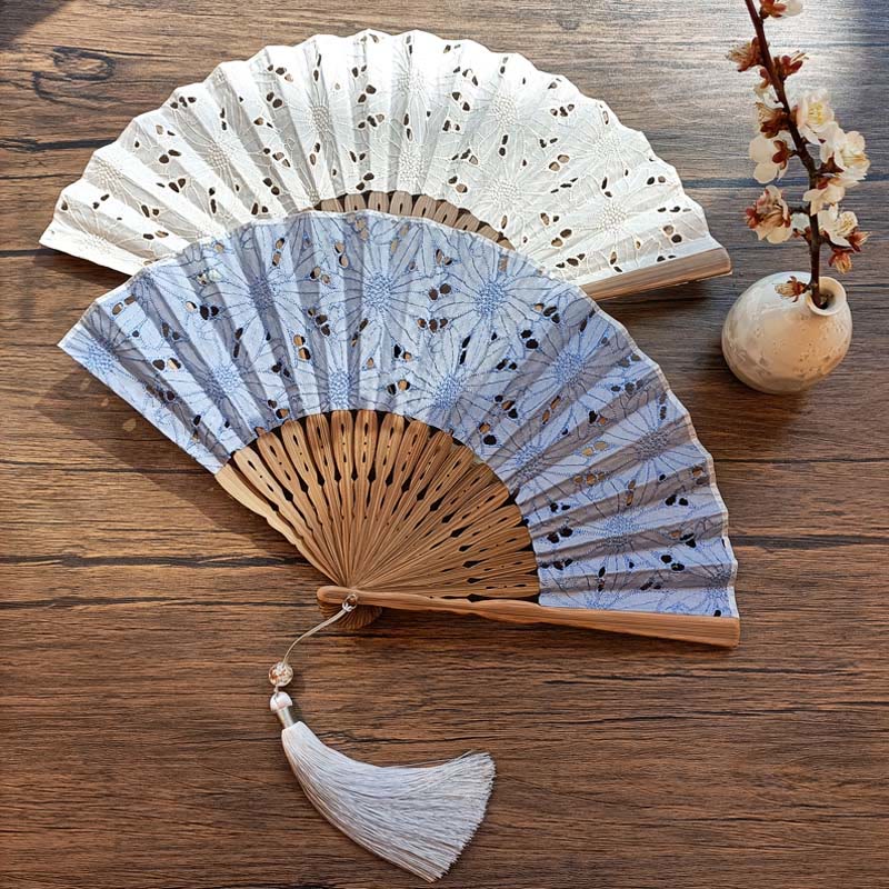 Buddhist Blessing Solid Color Hollow Flowers Embroidery Cotton Fabric Handheld Bamboo Folding Fan
