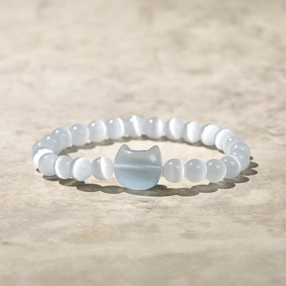 Buddhist Blessing Lovely Cat Head Pink Cat's Eye White Cat's Eye Spiritual Beads Bracelet