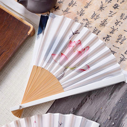Buddhist Blessing Chinese Characters Ink Painting Lotus Flower Leaf Landscape Handheld Huayao Crepe Polyester Bamboo Folding Fan 23.3cm