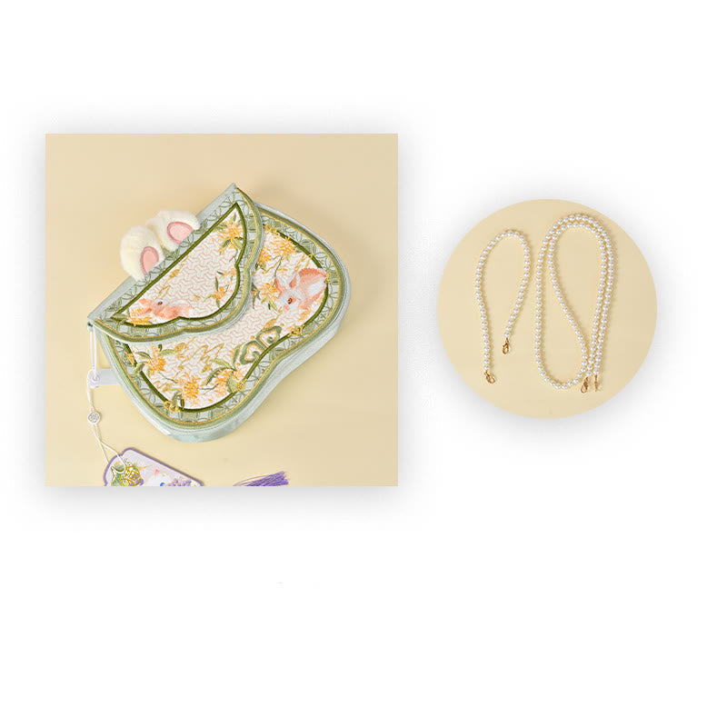 Buddhist Blessing Osmanthus Rabbit Embroidery Pearl Chain Furball Tassel Shoulder Bag Crossbody Bag