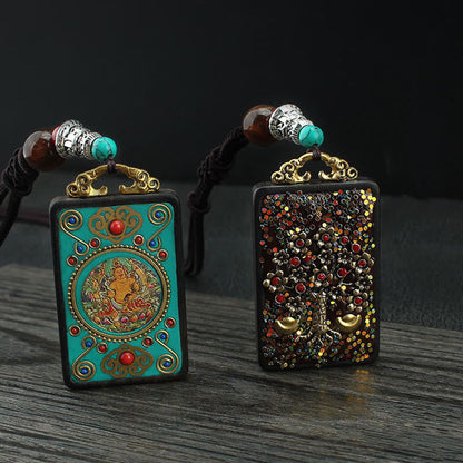 Buddhist Blessing Tibet God Of Wealth Money Tree Golden Phoenix Thangka Ebony Peace Necklace Pendant