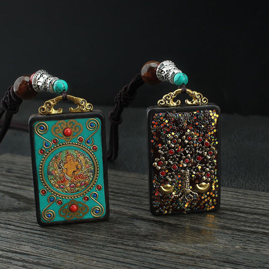 Buddhist Blessing Tibet God Of Wealth Money Tree Golden Phoenix Thangka Ebony Peace Necklace Pendant